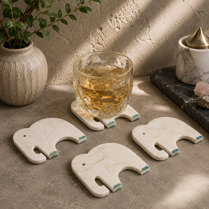 White Marble Elephant Coaster Set of 4 – Handcrafted Inlay Coasters for Luxury Table Décor