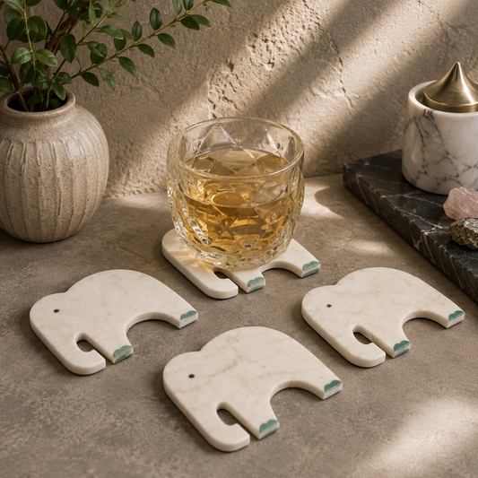 White Marble Elephant Coaster Set of 4 – Handcrafted Inlay Coasters for Luxury Table Décor