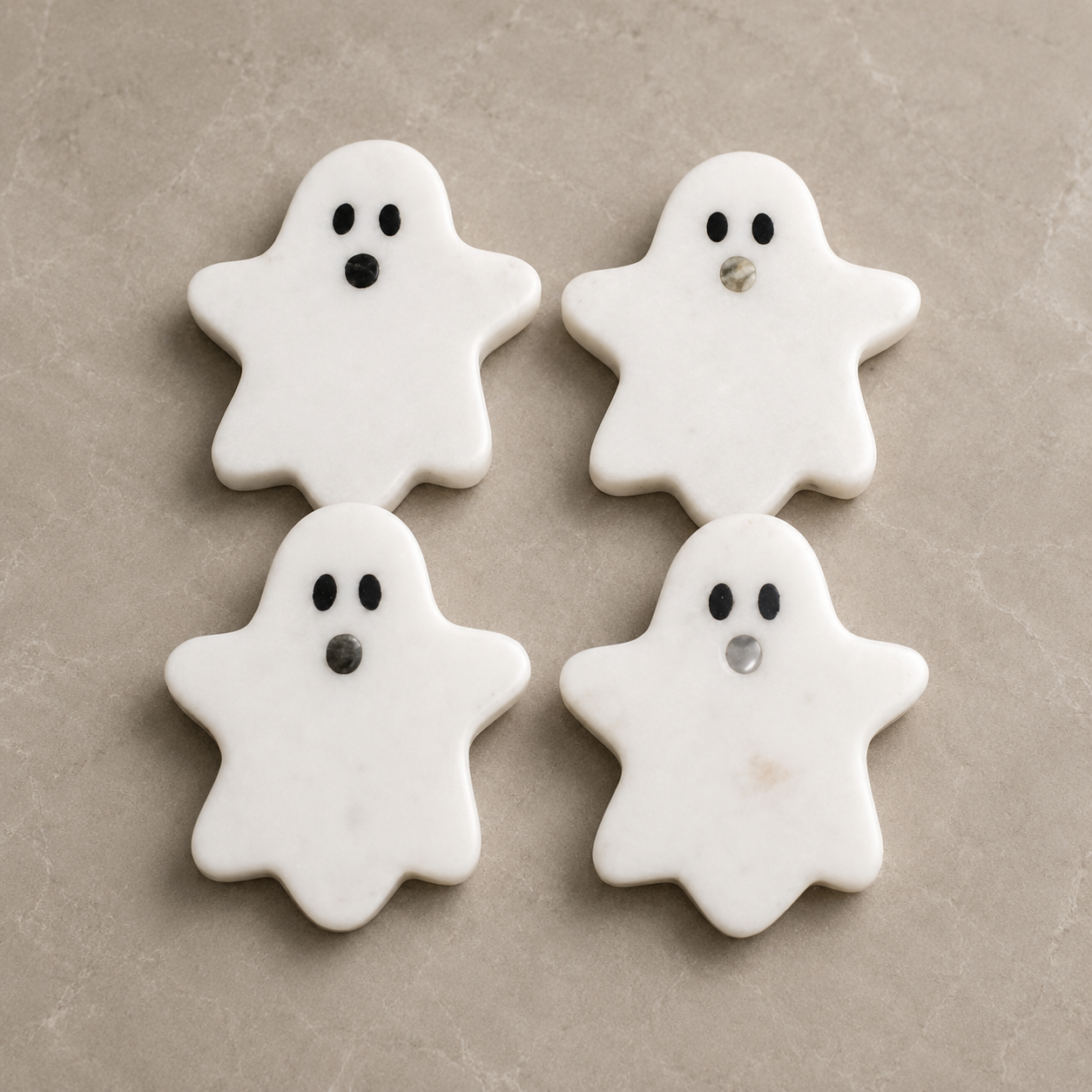 White Marble Ghost Coaster Set of 4 – Handcrafted Halloween-Inspired Coasters for Festive Décor