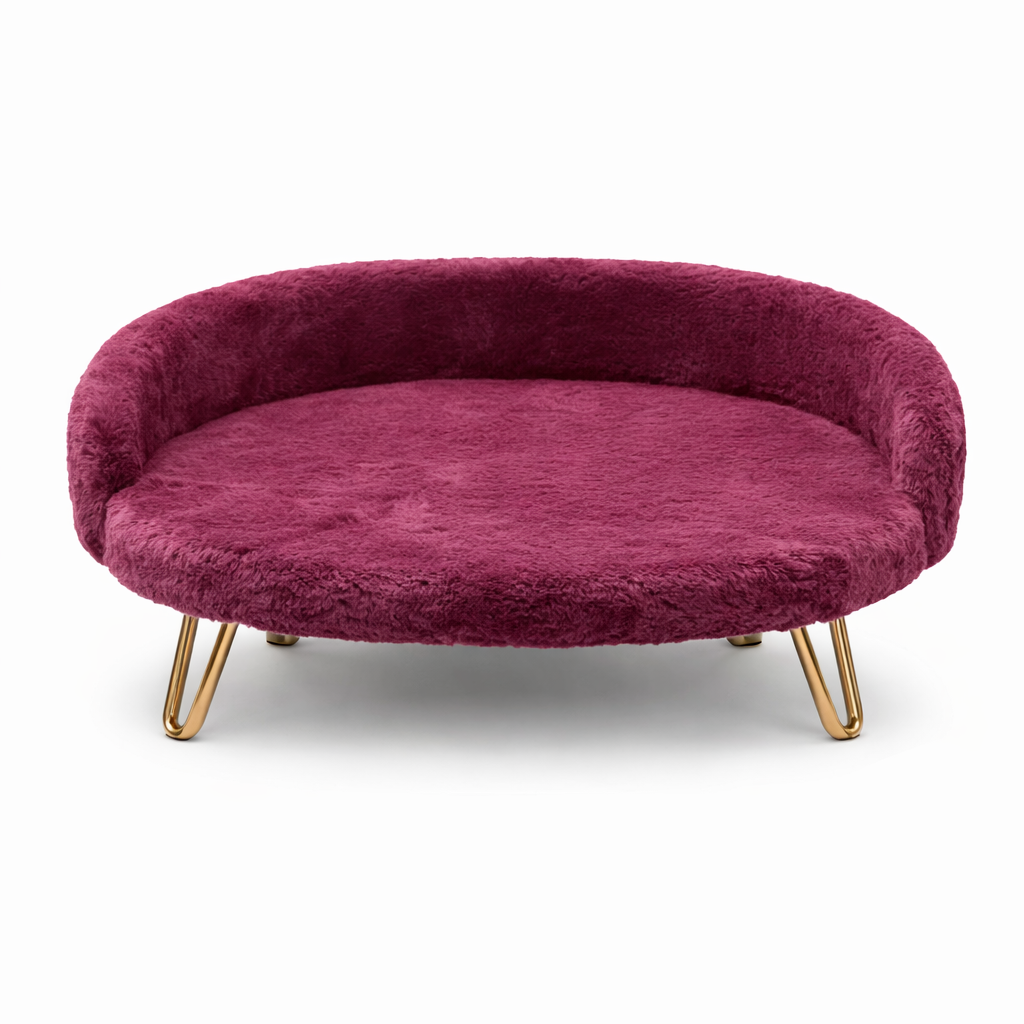 Luxe Plush Pet Bed with Gold Legs – Wine Burgundy (Sofa-Style)