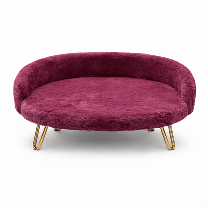 Luxe Plush Pet Bed with Gold Legs – Wine Burgundy (Sofa-Style)