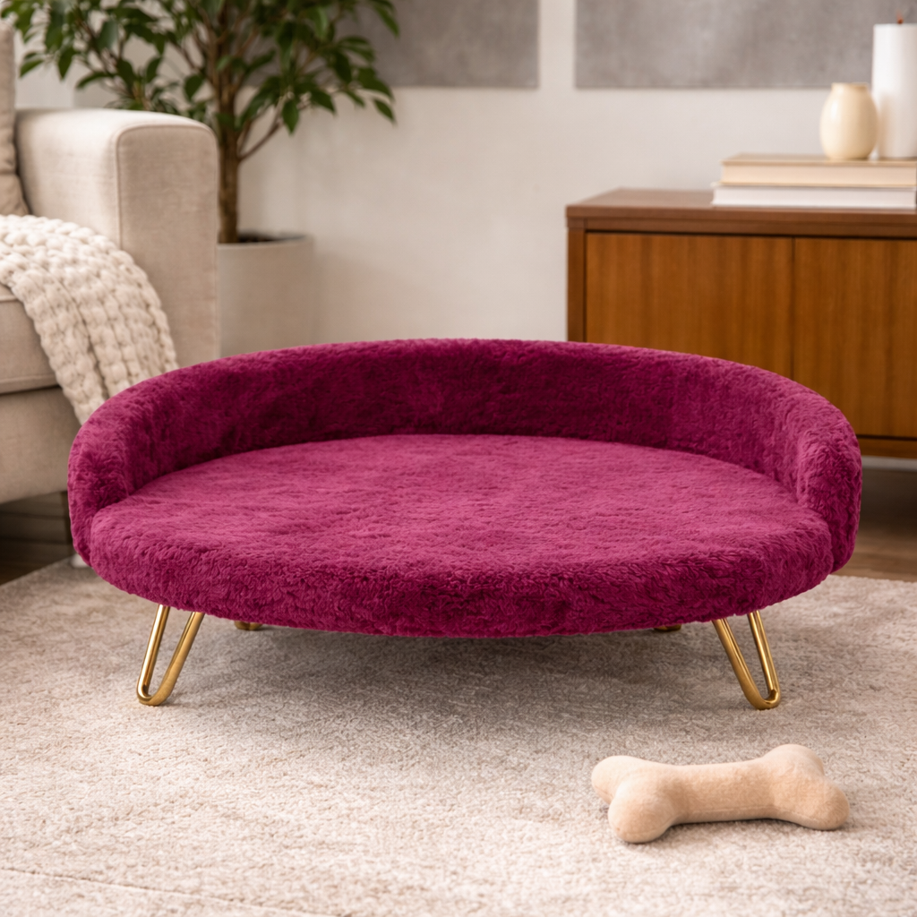 Luxe Plush Pet Bed with Gold Legs – Wine Burgundy (Sofa-Style)