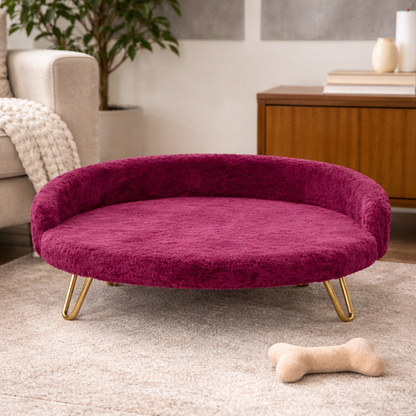 Luxe Plush Pet Bed with Gold Legs – Wine Burgundy (Sofa-Style)