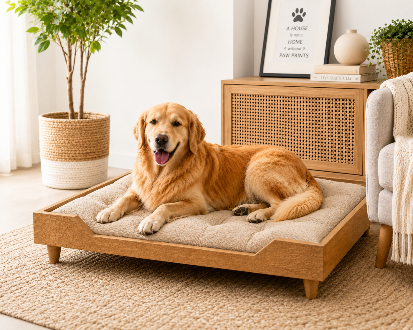 Premium Wooden Orthopedic Pet Bed with Cushion