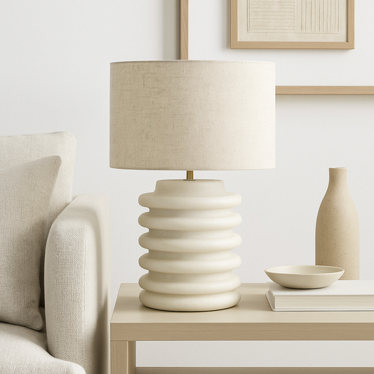 Textured White Ribbed Ceramic Table Lamp with Fabric Shade