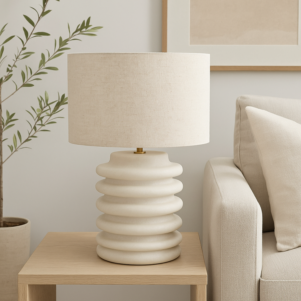 Textured White Ribbed Ceramic Table Lamp with Fabric Shade