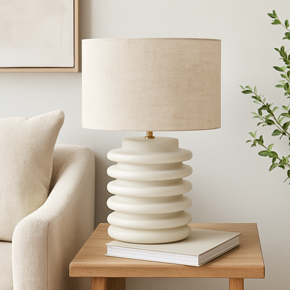 Textured White Ribbed Ceramic Table Lamp with Fabric Shade