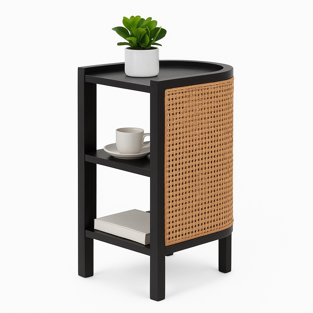 Compact Wooden Corner Cabinet with Cane Detailing