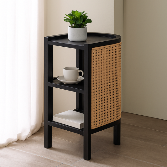 Compact Wooden Corner Cabinet with Cane Detailing