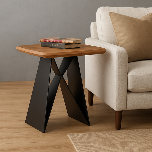 Modern Wood & Metal Side Table – Geometric Base