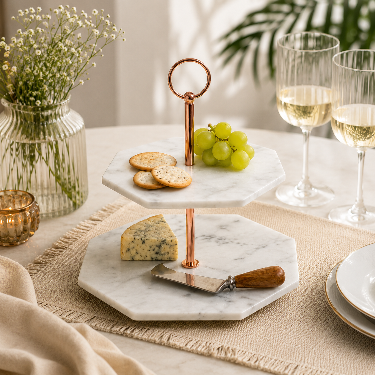 Marble 2-Tier Serving Stand with Rose Gold Handle