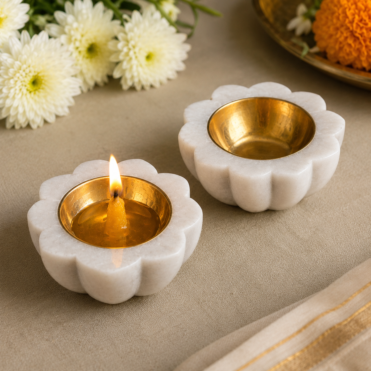 Marble Lotus Diya Set