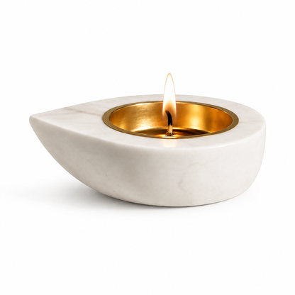 White Marble Diya Holder with Golden-Finish Bowl