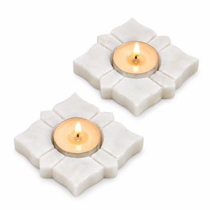 White Marble Lotus Flower Diya Holder Set – Set of 2