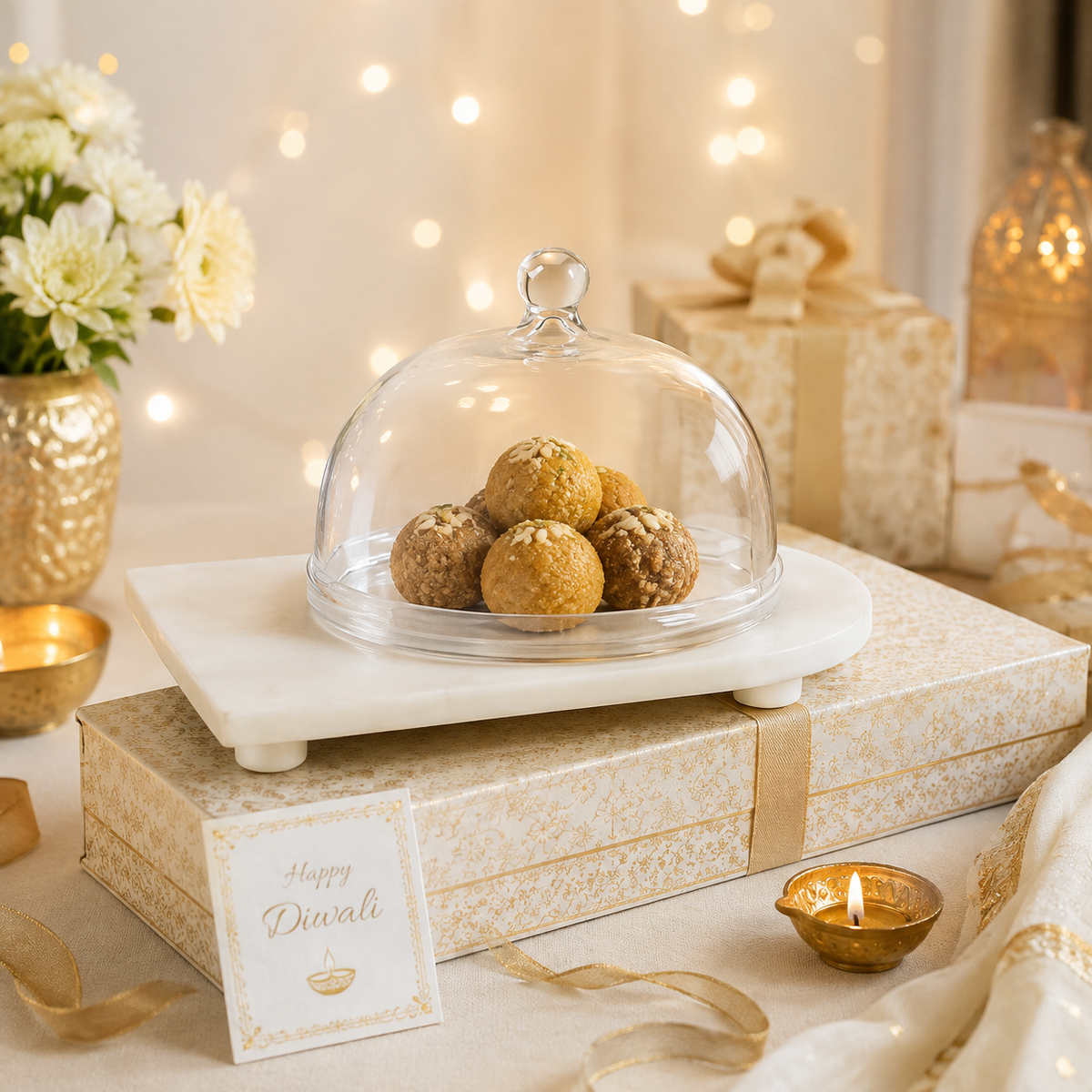 White Marble Serving Platter with Glass Dome