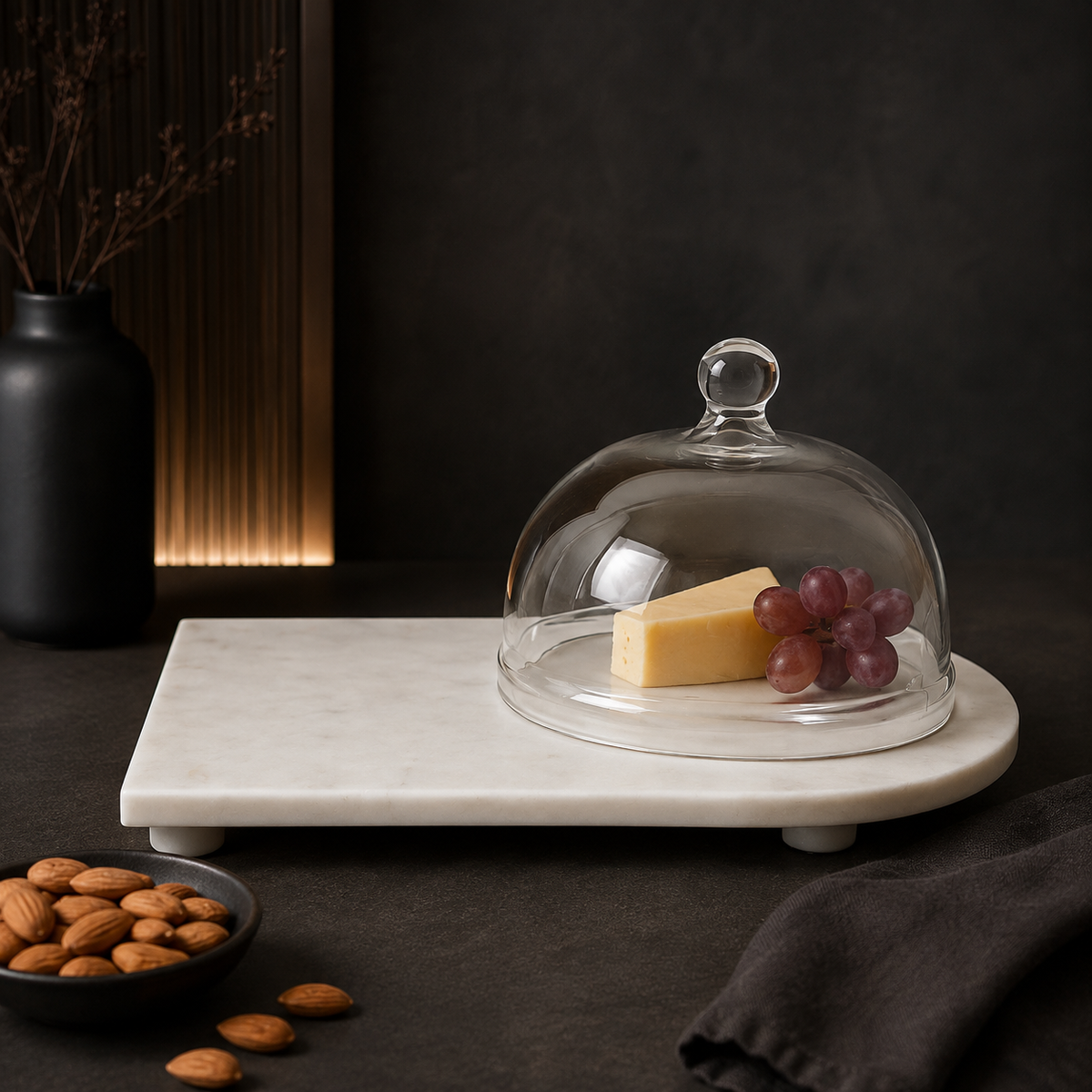 White Marble Serving Platter with Glass Dome