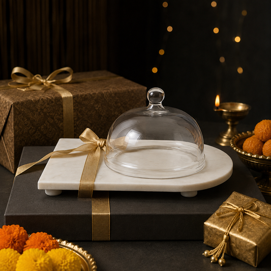 White Marble Serving Platter with Glass Dome