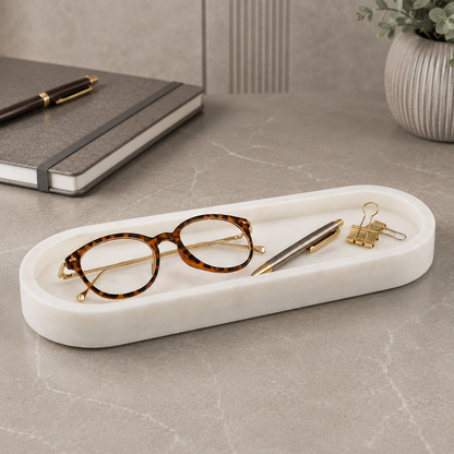 White Marble-Finish Desk Organizer Tray