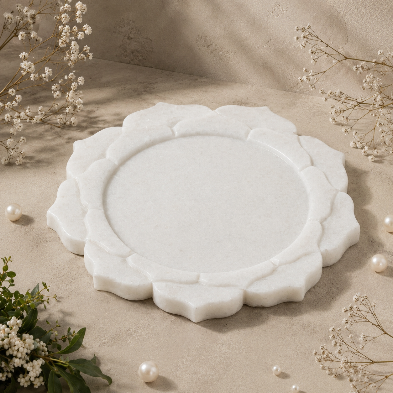 White Marble Jewellery Tray – Sculpted Floral Design for Elegant Jewellery & Vanity Décor