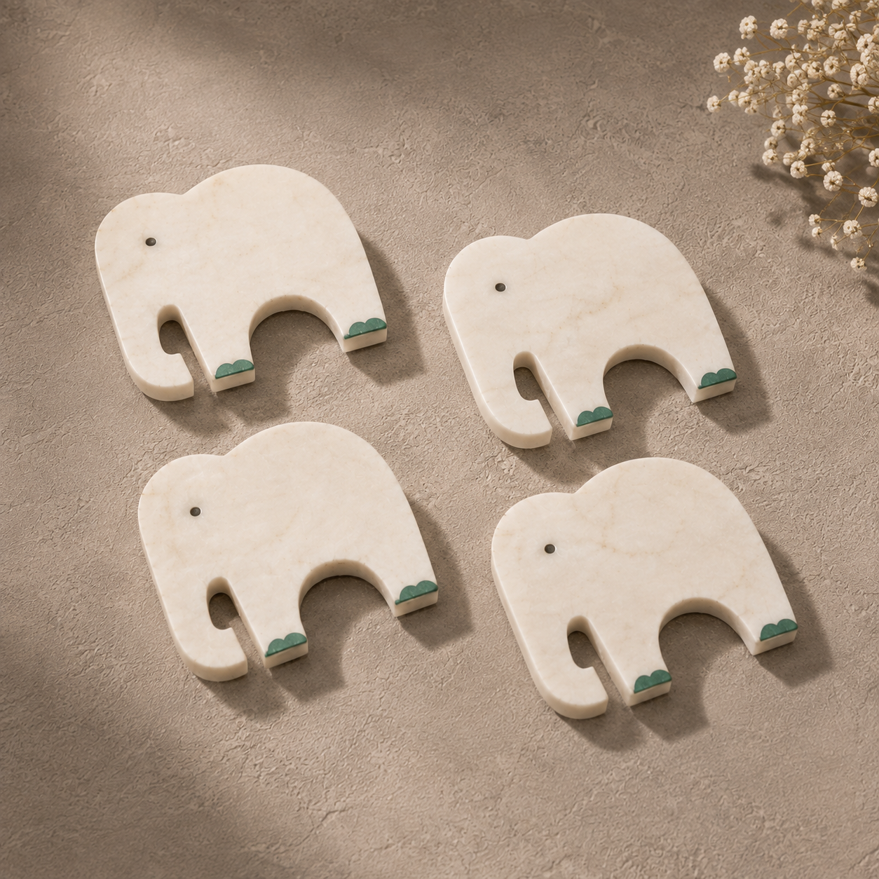 White Marble Elephant Coaster Set of 4 – Handcrafted Inlay Coasters for Luxury Table Décor
