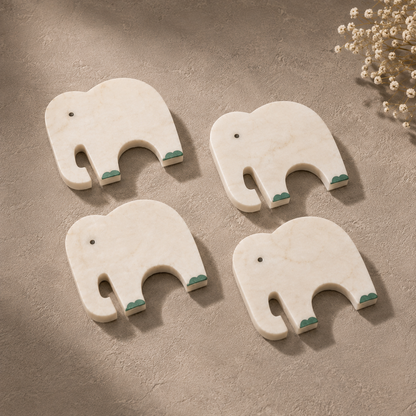 White Marble Elephant Coaster Set of 4 – Handcrafted Inlay Coasters for Luxury Table Décor