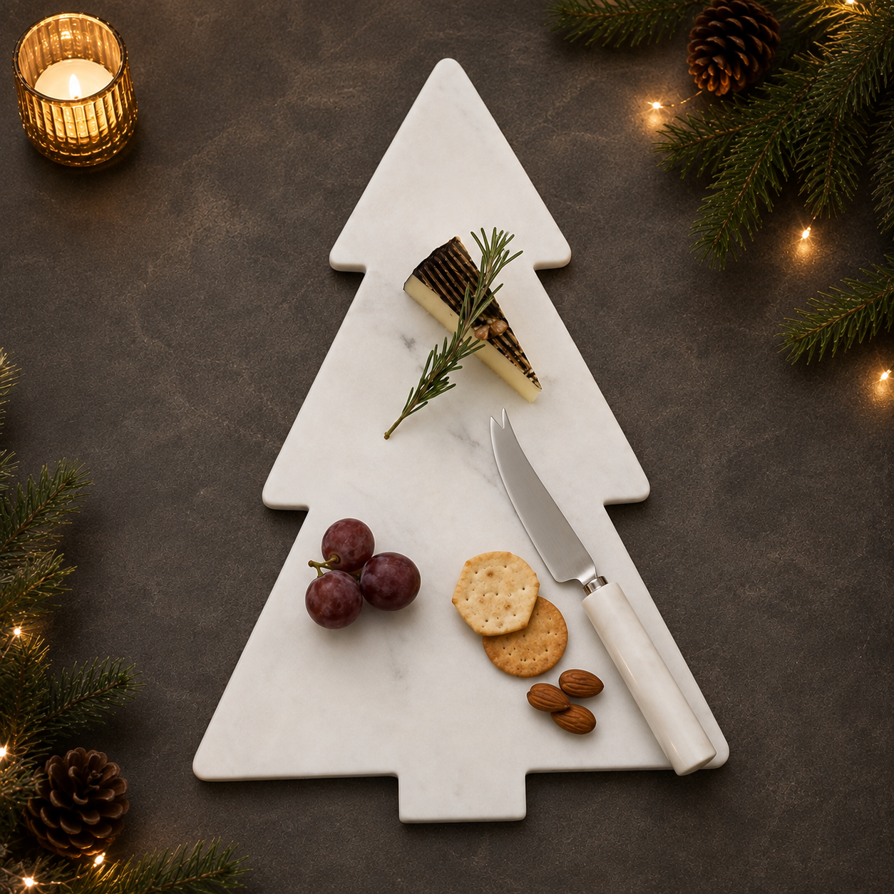 White Marble Christmas Tree Serving Board – Elegant Festive Cheese & Charcuterie Platter