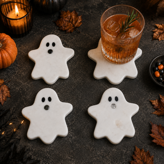 White Marble Ghost Coaster Set of 4 – Handcrafted Halloween-Inspired Coasters for Festive Décor