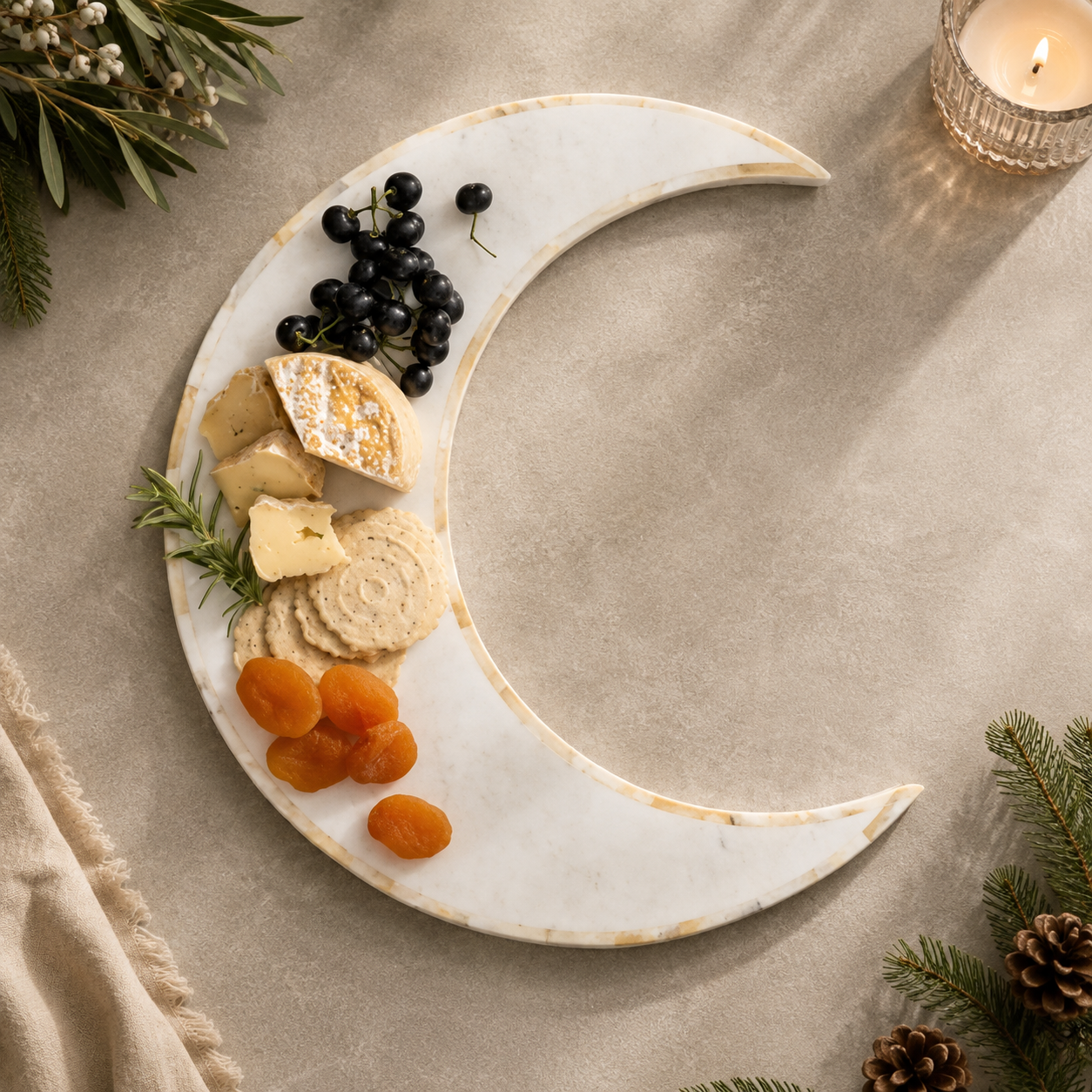 Premium White Marble Crescent Moon Tray with Mother of Pearl (MOP) Inlay