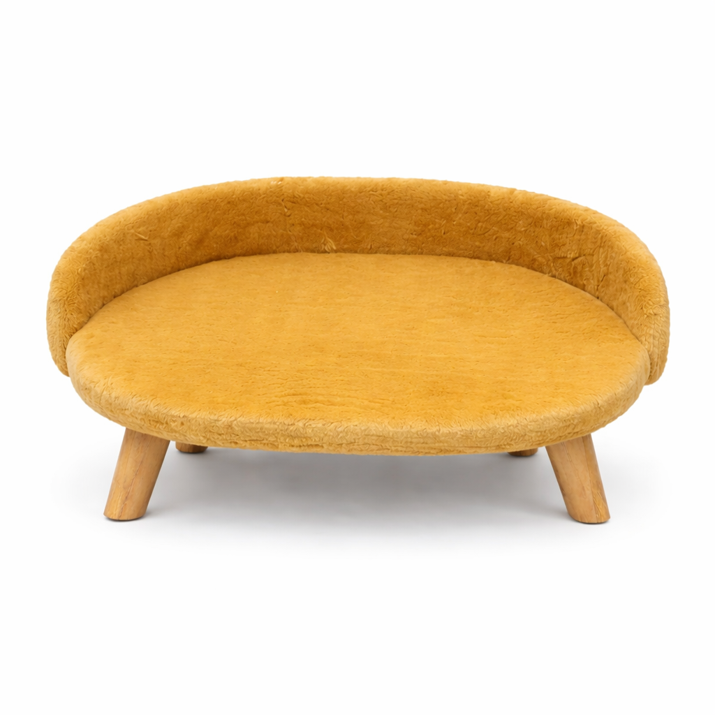 Luxe Plush Pet Bed with Wooden Legs – Golden Brown (Sofa-Style)