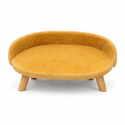 Luxe Plush Pet Bed with Wooden Legs – Golden Brown (Sofa-Style)