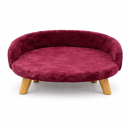 Luxe Plush Pet Bed with Wooden Legs – Wine Burgundy (Sofa-Style)