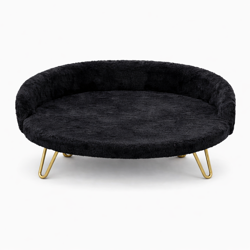 Luxe Plush Pet Bed with Gold Legs – Black (Sofa-Style)