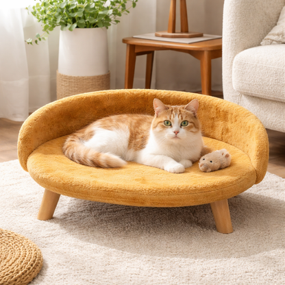 Luxe Plush Pet Bed with Wooden Legs – Golden Brown (Sofa-Style)