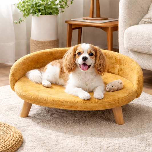 Luxe Plush Pet Bed with Wooden Legs – Golden Brown (Sofa-Style)