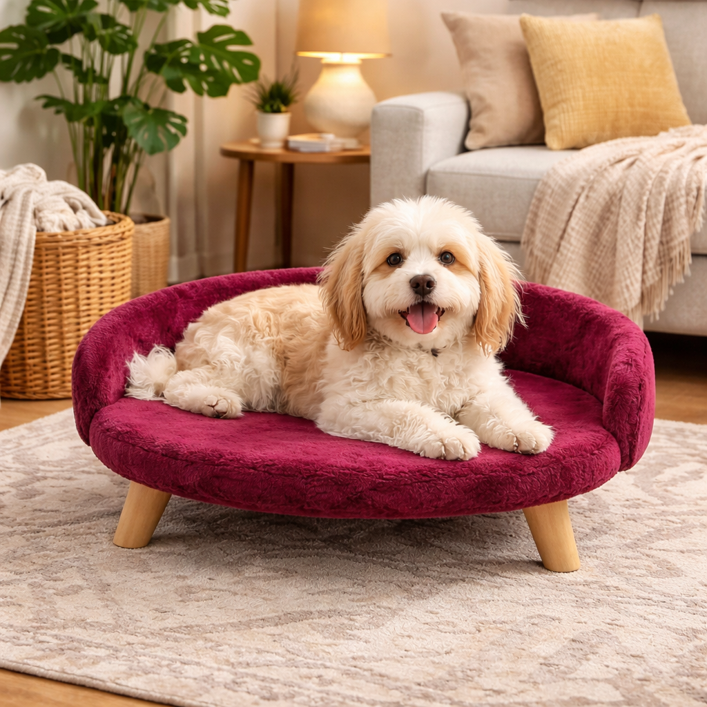 Luxe Plush Pet Bed with Wooden Legs – Wine Burgundy (Sofa-Style)