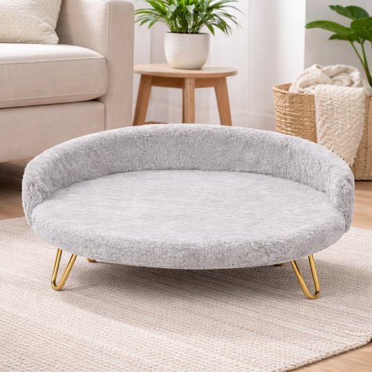 Luxe Plush Pet Bed with Gold Legs – Light Grey (Sofa-Style)