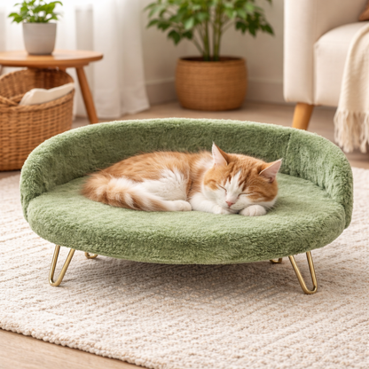 Luxe Plush Pet Bed with Gold Legs – Green (Sofa-Style)