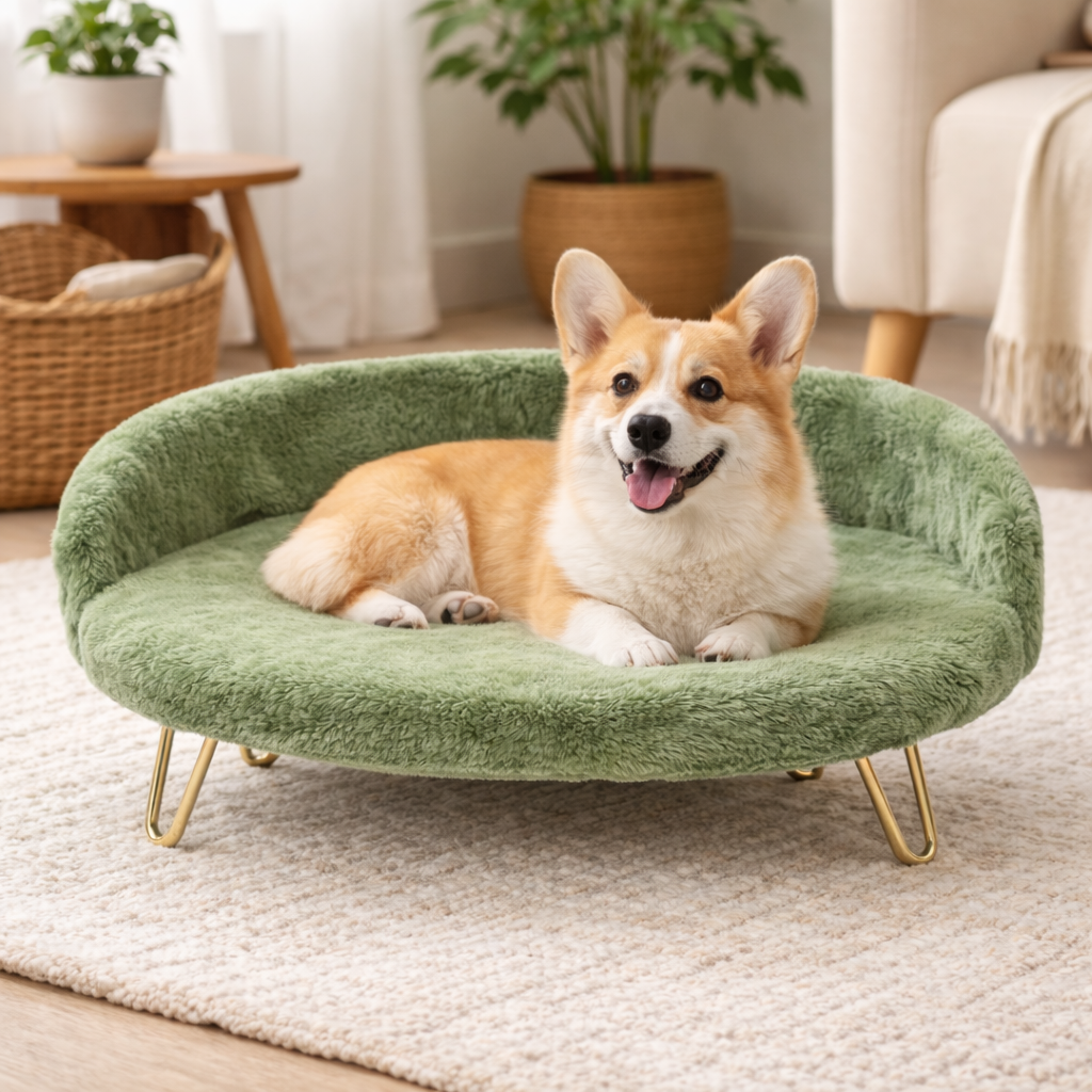 Luxe Plush Pet Bed with Gold Legs – Green (Sofa-Style)