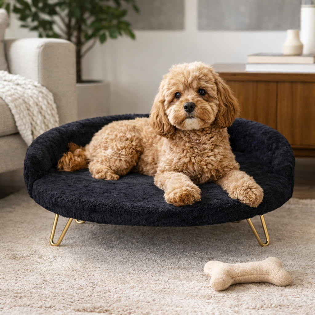 Luxe Plush Pet Bed with Gold Legs – Black (Sofa-Style)
