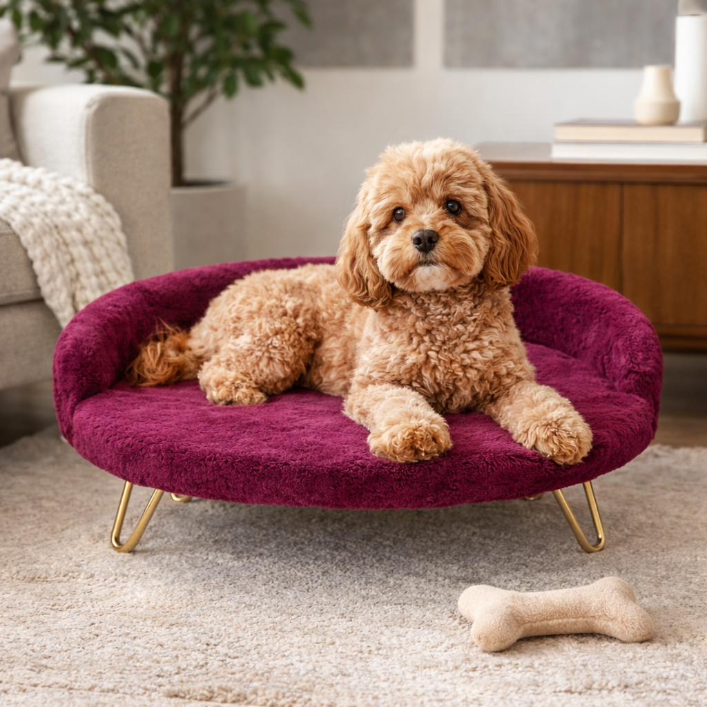 Luxe Plush Pet Bed with Gold Legs – Wine Burgundy (Sofa-Style)