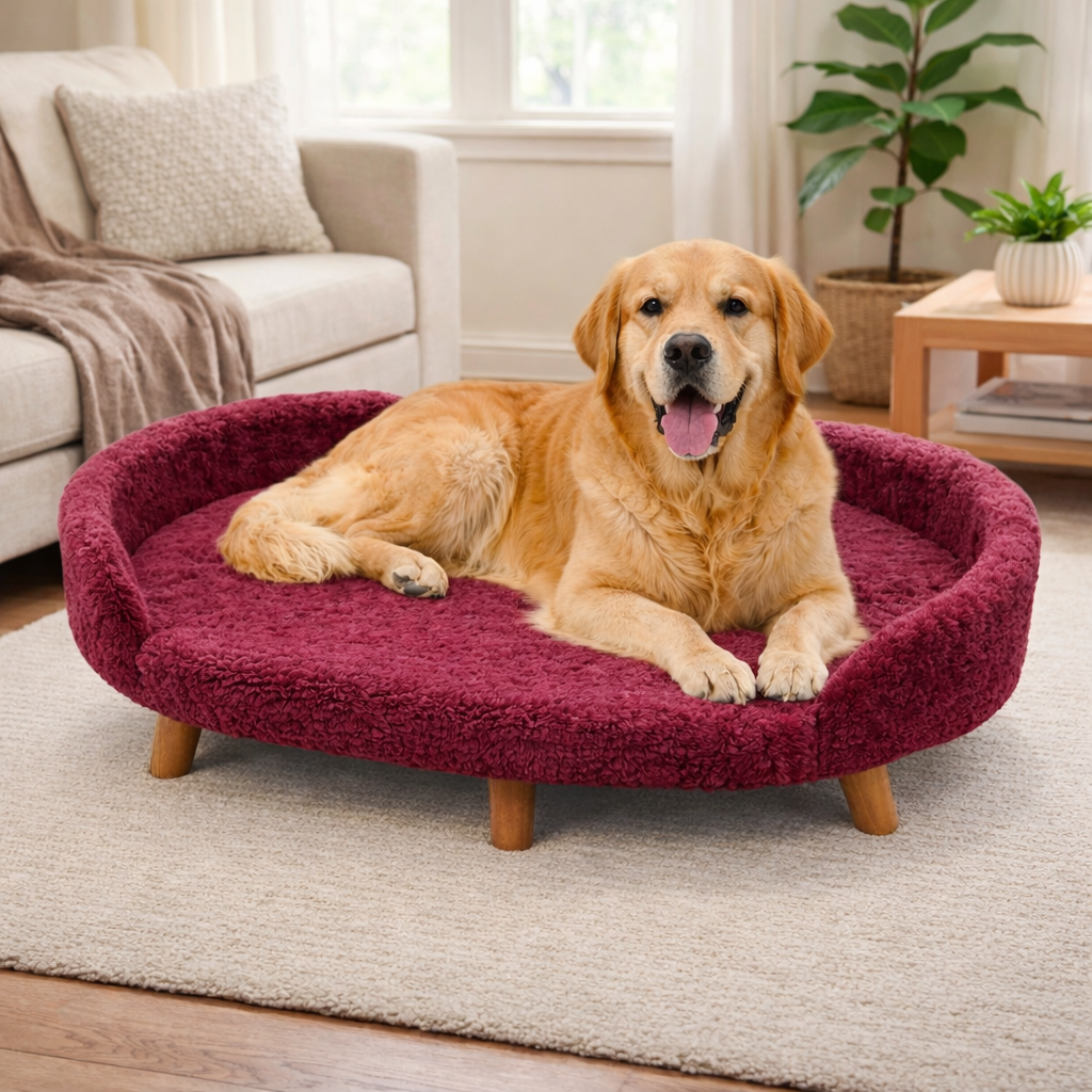 Luxe Raised Pet Sofa Bed for Large Dogs – Burgundy Red | XL & XXL Sizes