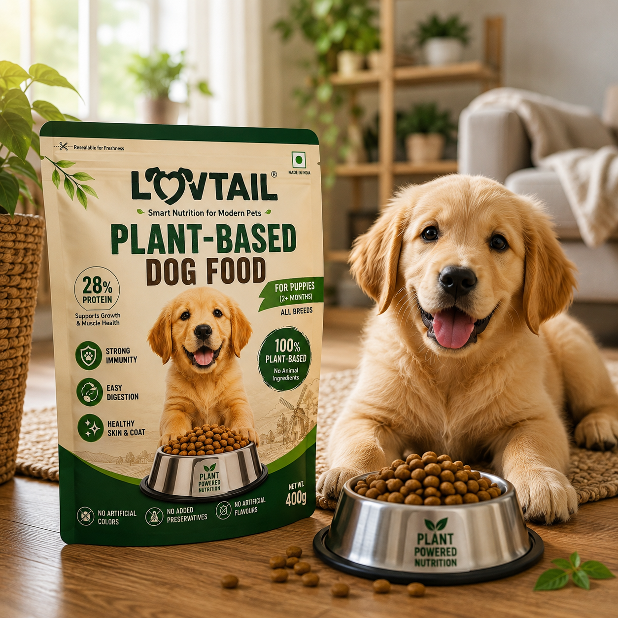 LOVTAIL Puppy Dog Food | 100% Plant-Based | Supports Muscle Growth, Digestion & Healthy Coat | 400g