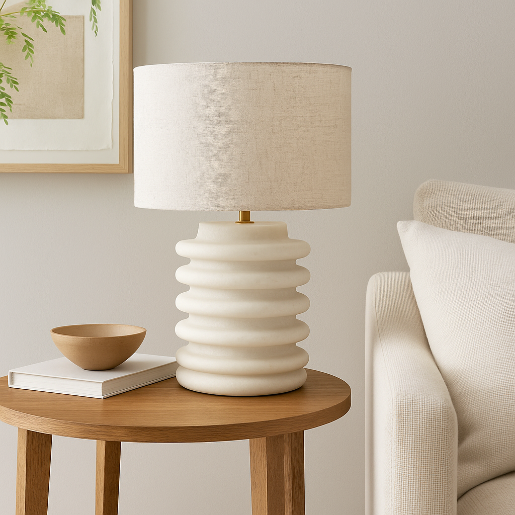 Textured White Ribbed Ceramic Table Lamp with Fabric Shade