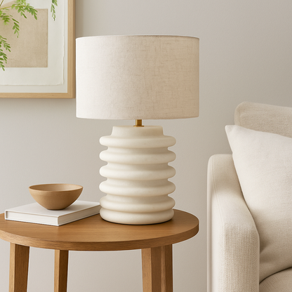 Textured White Ribbed Ceramic Table Lamp with Fabric Shade