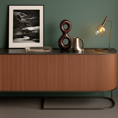 Contemporary Fluted Wooden Sideboard with Metal Base