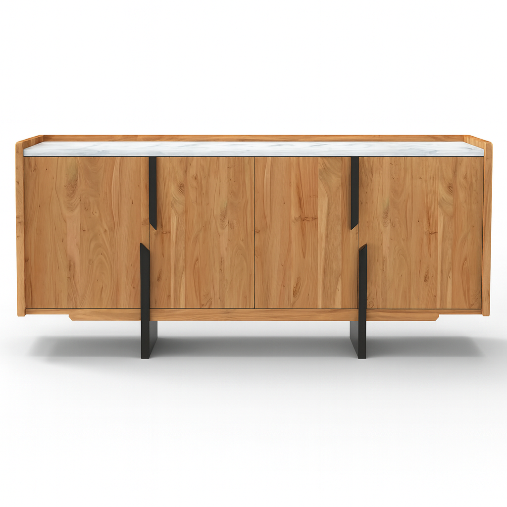 Modern Wooden Sideboard with Marble Top & Black Metal Accents