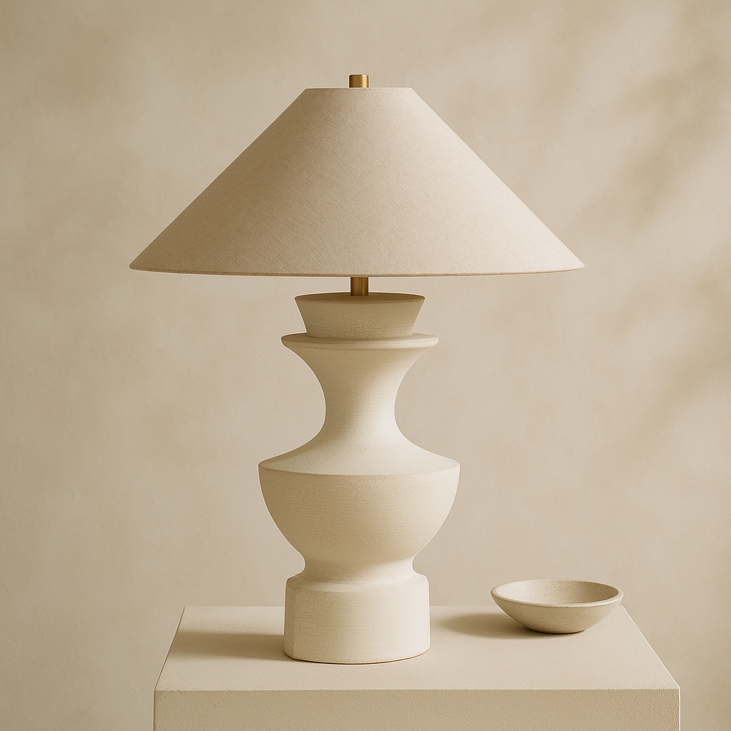 Sculptural Ceramic Table Lamp with Wide Fabric Shade