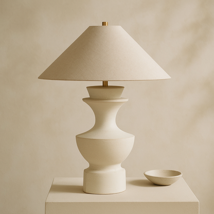 Sculptural Ceramic Table Lamp with Wide Fabric Shade