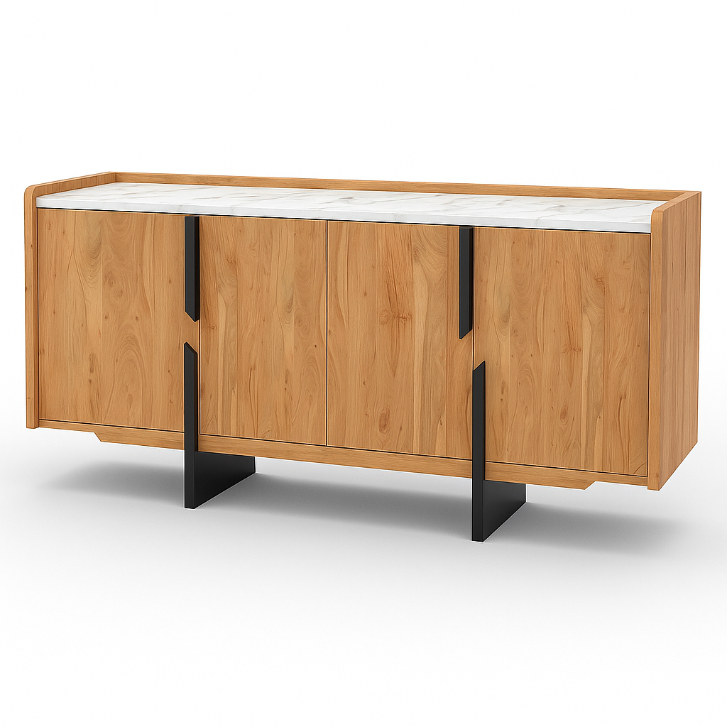 Modern Wooden Sideboard with Marble Top & Black Metal Accents