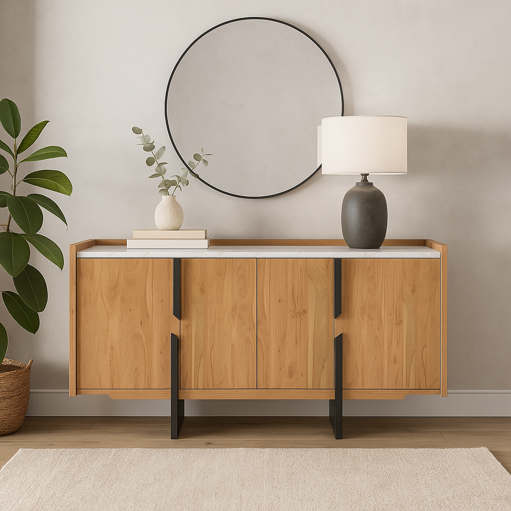 Modern Wooden Sideboard with Marble Top & Black Metal Accents